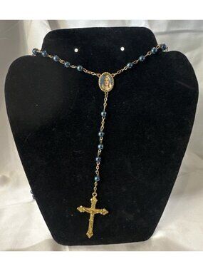 Vintage Blue Glass Rosary Beads Brass Crucifix Medal Catholic Prayer Necklace 21